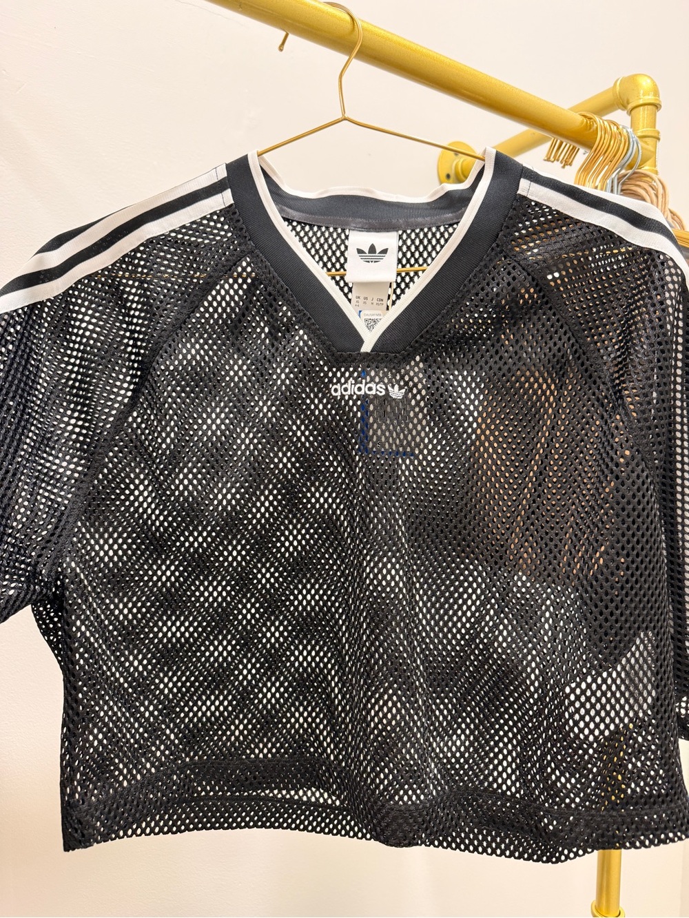 adidas Black Mesh Cropped V‑Neck Sports Top with White Stripes - Picture 2 of 2